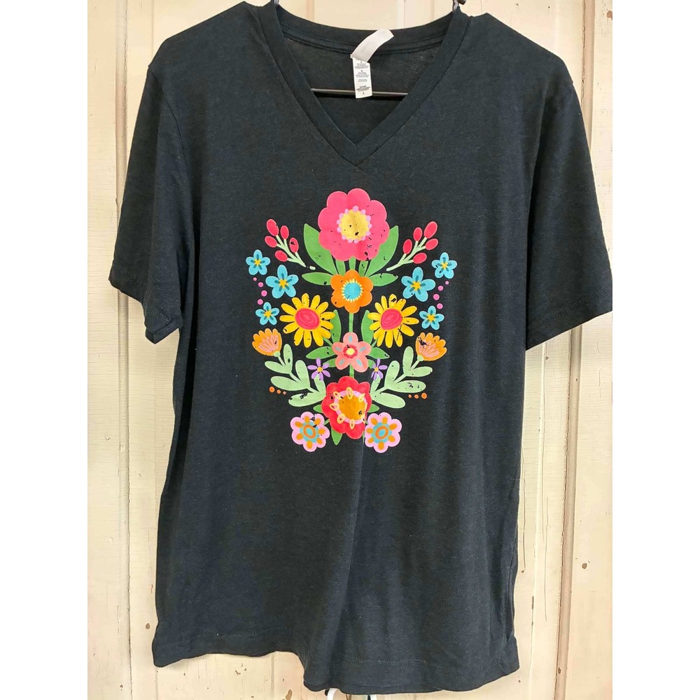 Bella Canvas Heather CVC V-Neck T-Shirt Large Black Floral Graphic Short Sleeve